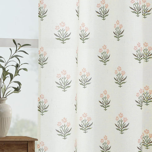 2 Sets Pink Curtains Panel for Bedroom Girls Nursery,Light Blush Pink and Green Floral Boho Cute Sheer Curtains