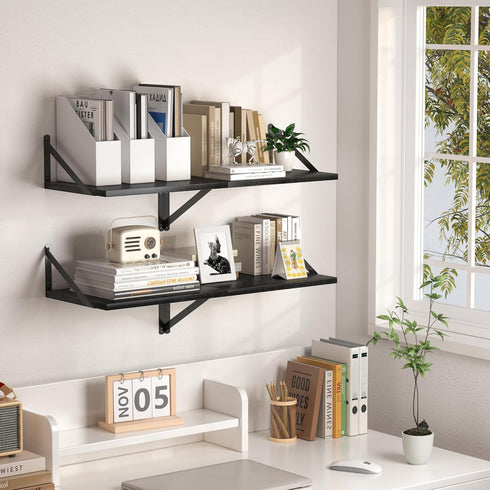 Heimlove 16W 12D Set 2, Black Deep Floating Shelves for Wall, x Wood Wall Shelves of Wide Floating Bookshelf for Living