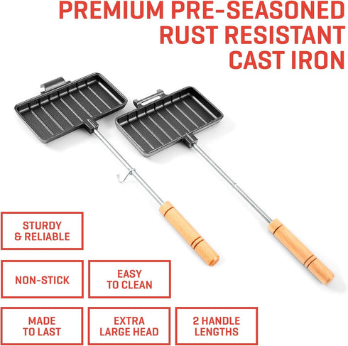 Uno Casa XL Pie Irons Cast Iron Sandwich Maker, Mountain Pie Maker with Recipe Book for Campfire Cooking