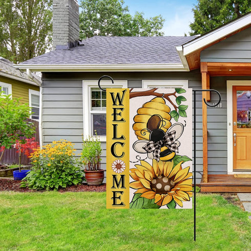 Welcome Spring Summer Bumble Bee Sunflower Garden Flag, Double Sided Outdoor Decorations with Buffalo Plaid Bow