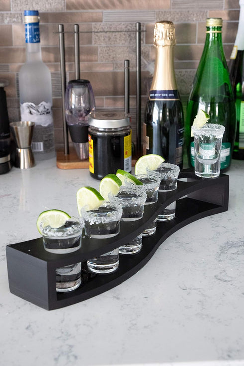 LEMONSODA Shot Glass Set with Wood Layered Base Tray - 6 Shot Glasses for Whiskey, Tequila, Rum, Vodka