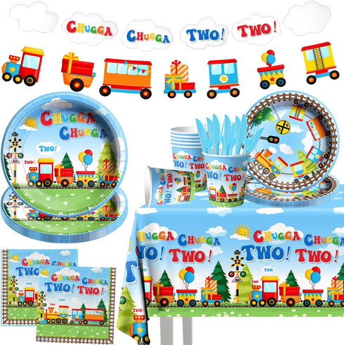 Lenyunge Chuagaa Chugga Two Two 142PCS Birthday Decoration Train Paper Plates Tableware Set