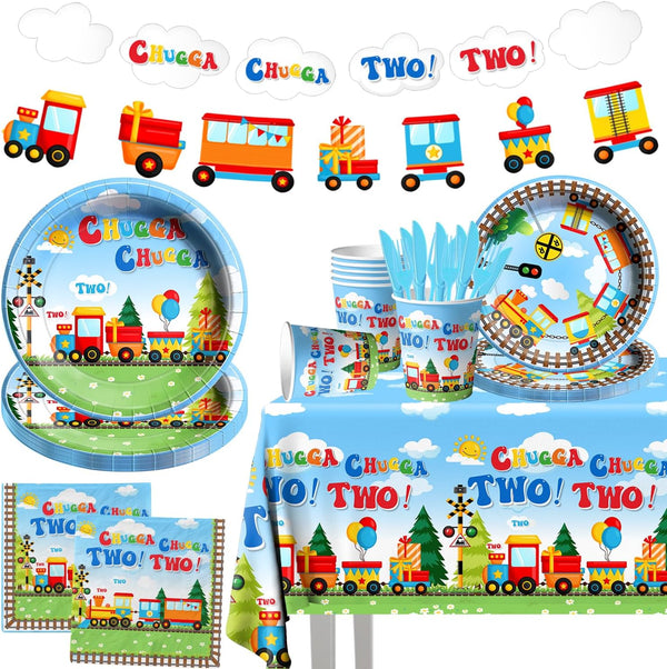 Lenyunge Chuagaa Chugga Two Two 142PCS Birthday Decoration Train Paper Plates Tableware Set