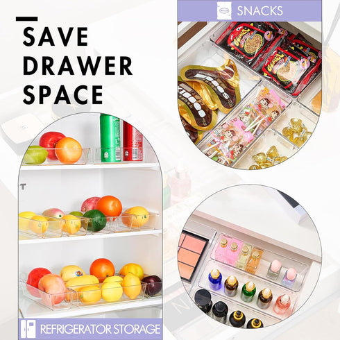 HOUSE DAY 8 PCS Desk Drawer Organizer Bins, 9*3*2" Clear Organizers with Silicone Pads for Makeup, Kitchen, Office