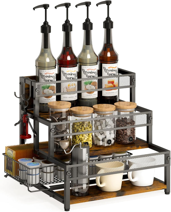 LOTEYIKE 3 Tier Coffee Syrup Rack Organizer, 12 Water Bottles Holder Stand