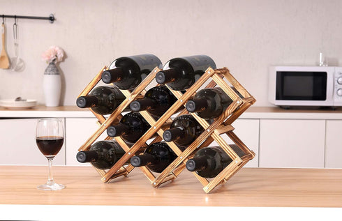 PENGKE Wine Rack Countertop, 10 Bottles Stackable Wood Wine Storage Racks, Free Standing Wine Bottle Stand Holder
