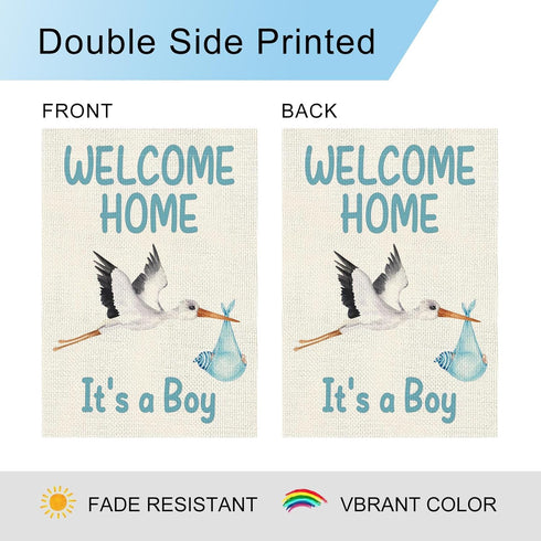 Welcome Home Baby Boy Garden Flag 12×18 Inch Double Sided Burlap Flag for Newborn Gender Reveal Lawn Yard Sign