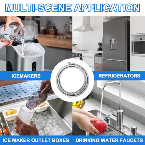 2 FT Stainless Steel Braided Ice Maker Connector, Universal Flexible Water Supply Hose with 1/4" Compression Fitting