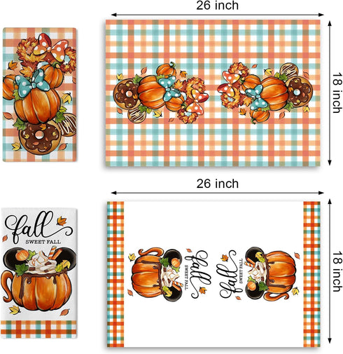 Fall Sweet Fall Cartoon Mouse Pumpkin Kitchen Dish Towels Set of 2 - Autumn Coffee Wreath Doughnut Drying Cloths