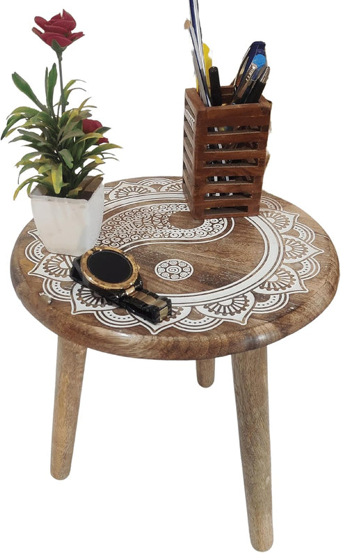 VANIYA CRAFTS Wooden Engraved Fold-able Side Table/End Table/Plant Stand/Stool for Living Room Bedroom Restaurant Kids