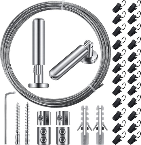 Jetec 196 Inch/5 m Wire Curtain Rod, Adjustable Hanging System with 48 Clips for Tapestry and Photo Display Decor