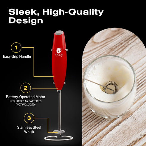 Bean Envy Red Milk Frother Handheld for Coffee, Electric Blender, Mini Drink Mixer Whisk & Coffee Foamer Wand