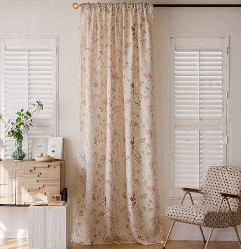 RoomTalks 96 Inches Boho Farmhouse Living Room Curtain Privacy Linen Fabric, Cute Vintage Floral Botanical Aesthetic