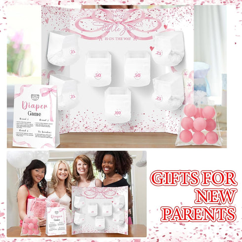 31 1 7 10 1 Ctosree Pcs Pink Bow Baby Shower Diaper Game Diaper Baby Shower Game Board Diapers Plastic Balls Organza