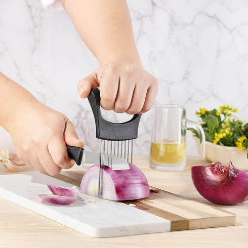 Mumulo Stainless Steel Onion Slicer for Onions, Tomatoes, Eggs, and Vegetables with Protective Cover (Black)