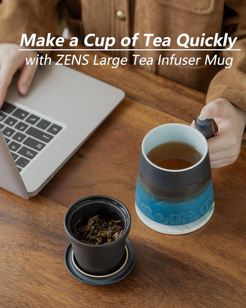 15.2 oz ZENS Tea Cup with Infuser and Lid for Loose Leaf Tea Steeper, Ceramic Tea Mug with Fine Tea Strainers