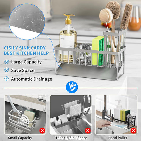 304 Countertop Cisily Sink Caddy Organzier with High Brush Holder, Sponge Holder for Sink, Rustproof Stainless, Kitchen