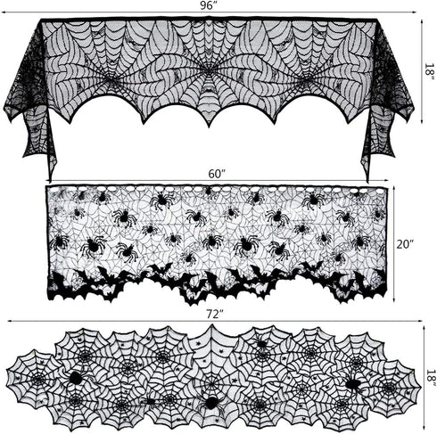 5pack Halloween Decorations Tablecloth Runner, Black Lace Round Spider Cobweb Table Cover with 36pcs Scary 3D Bat