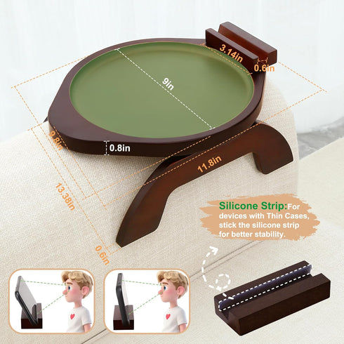 360 SINWANT Couch Arm Table, Bamboo Round Sofa Clip on Tray with Phone Holder,Foldable Couch Armrest Table Eating on