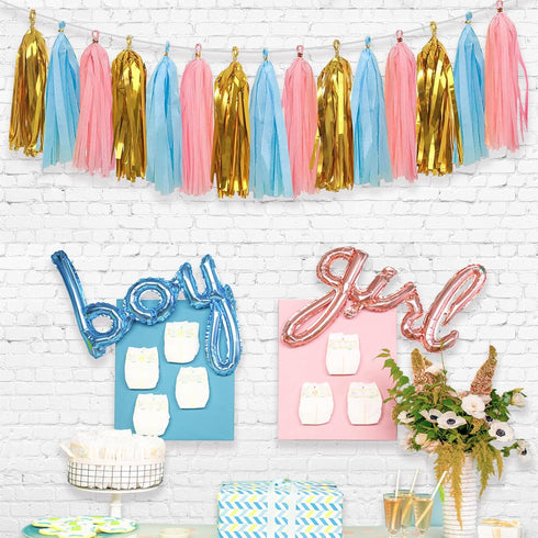 Baby Gender Reveal Decorations - Glitter Letters Banner with Hearts, Tissue Paper Tassels Garland Set