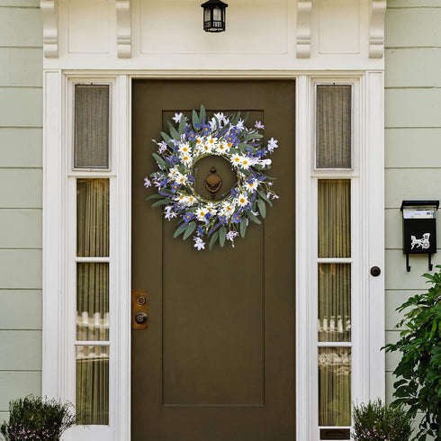 VioletEverGarden 20 Inch Spring Wreath for Front Door, Violet Blue and White Daisy Floral Decor