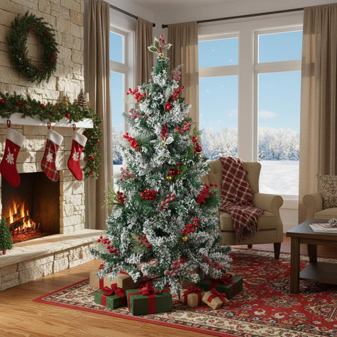 WILLBOND 24 Poinsettia Pcs Artificial Christmas Tree Picks Red Berry Pine Picks Spray Berry Branches Holly Pine Flower