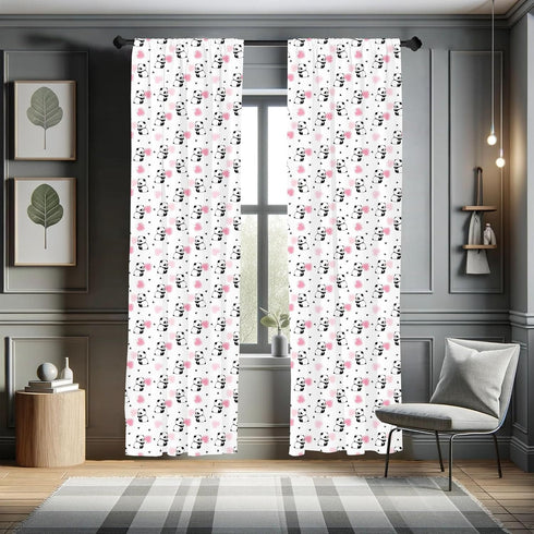 Lunarable Panda Window Curtains, Cartoon Style Bear Drawings with Pinkish Foliage Leaves, 2-Panel Set - 28" x 63", Pink