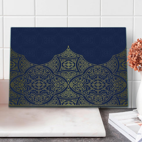 Lunarable Navy Blue and Yellow Cutting Board, Exotic Orient Style Ornament Ottoman