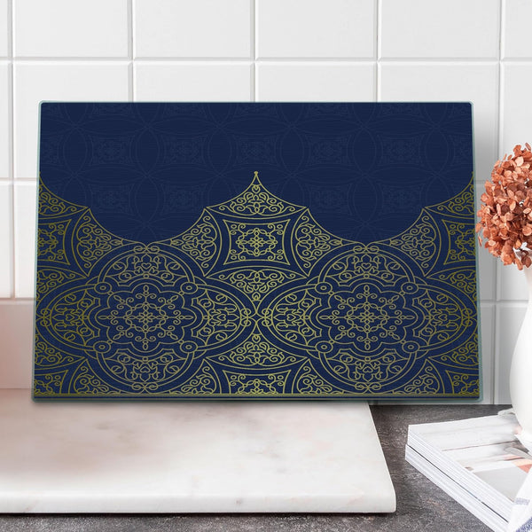 Lunarable Navy Blue and Yellow Cutting Board, Exotic Orient Style Ornament Ottoman