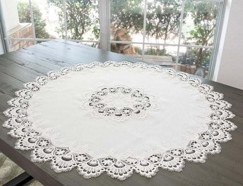 Linens, Art and Things European White Lace on Ivory Table Topper, Small Tablecloth, 33 Inch Round