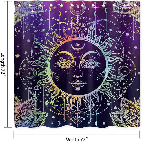 Sun Moon Shower Curtain, Burning Sun with Star Psychedelic Theme, Washable Polyester Fabric for Bathroom Set with