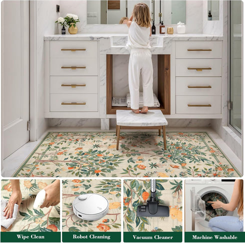 Lanffia 5x7 Botanical Washable Area Rug, Soft Whimsical Non Slip Rugs for Nursery, Beige Tree Plant Indoor Floor Throw