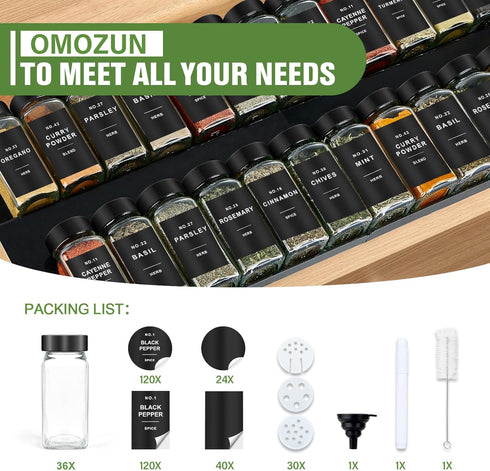 OMOZUN 36pcs 4oz 304 Spice Jars with Label, Glass Spice Jars with Black Lids, Square Spice Containers with Labels