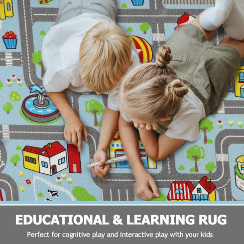 6.6x5.0ft Capslpad Kid Rug for Playroom Sky Blue Play Rug Traffic Road Car Play Mat Educational Learning Area Rug