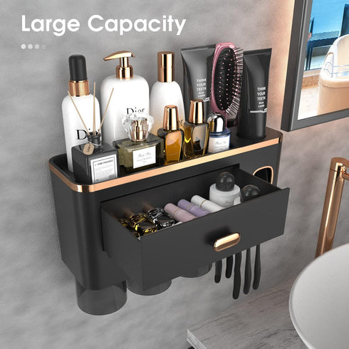 3 iHave Toothbrush Holders Wall Mounted with Toothpaste Dispenser & Cups - Luxury Black and Gold Design for Bathroom