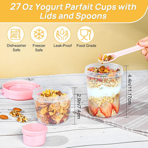 4 Pack 27oz Vtopmart Yogurt Parfait Cups with Lids and Spoons, Overnight Oats Containers, Reusable Topping Compartment