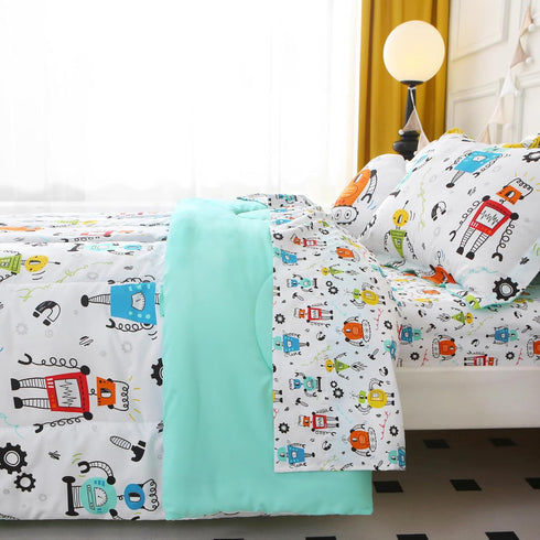 Sets 8 Set Set Mooreeke Full Size Comforter for Boys Kids, Pieces Bed in a Bag White Robot Bedding Comforter Sheet