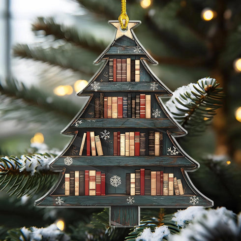 NGHYANNA 4 Inch NGHYANA Wooden Christmas Tree Ornament with Bookshelf Design Hanging Decoration