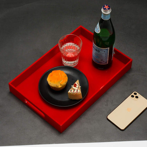 Sturdy Red Acrylic Serving Tray with Handles, 10x15 Inch for Serving Coffee, Appetizer, Breakfast, Butler, Makeup