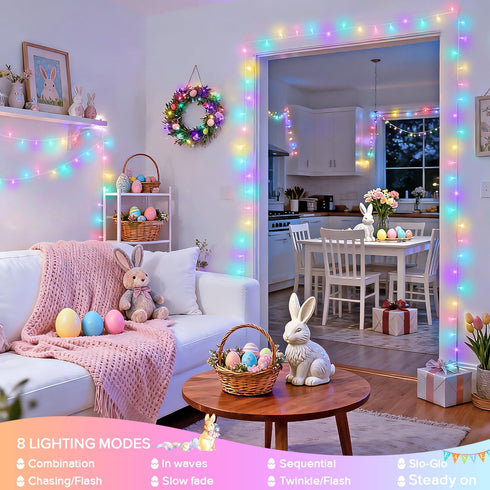 2 Pack 100 33ft 8 JMEXSUSS LED Easter String Lights Indoor Outdoor, Multicolor Easter Lights Plug in, Modes Connectable