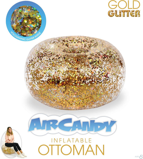 Air Candy Inflatable Ottoman BloChair Filled with Gold Glitter Perfect Inflatable Furniture for Kids and Adults. Can be
