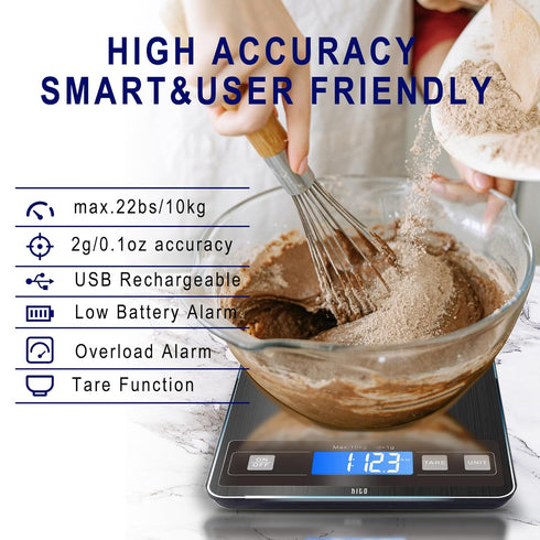 hito Food Scale, 22lb Digital Kitchen Scale, Rechargeable Waterproof for Weight Loss, Cooking and Baking