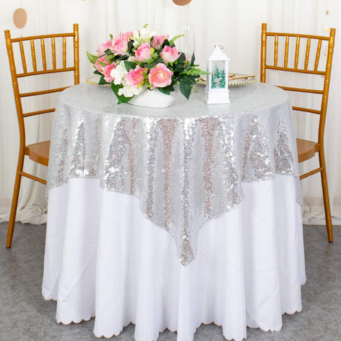 ShinyBeauty Silver Sequin Tablecloth 36x36-Inch Square Glitter Table Cover for Parties