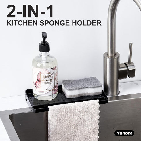 YOHOM 2-in-1 Suction Cup Sponge Holder for Kitchen, Undermount Sink Plastic Scrubber Tray Organizer (Black)