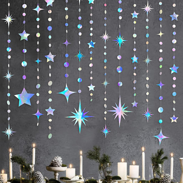 Iridescent Party Decorations, Star Circle Dot Paper Garland Banner for Kids Birthday, Baby Shower, Wedding, Festival