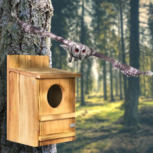 9" 14.5") Screech Owl House, Owl Bird Box Large Handmade Wooden Circular Opening Screech Box for Outside with Mounting