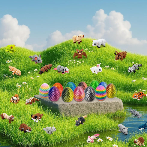24 3D 1.5-2 Inch Pcs Mini Printed Animals in Sparkle Eggs - Articulated Animal Figurines with Multicolor Gradient