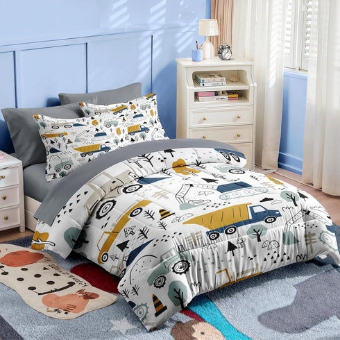 5 Set Bulldozer Nesker Pcs Comforter Twin Size, Cute Cars Truck Tractor Bedding for Kids Teen, Cargo Crane Excavator