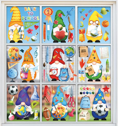 Whaline 9 Sheet Back to School Window Clings, Gnome Pencil Book Globe Decals for Classroom Glass Mirror Decoration