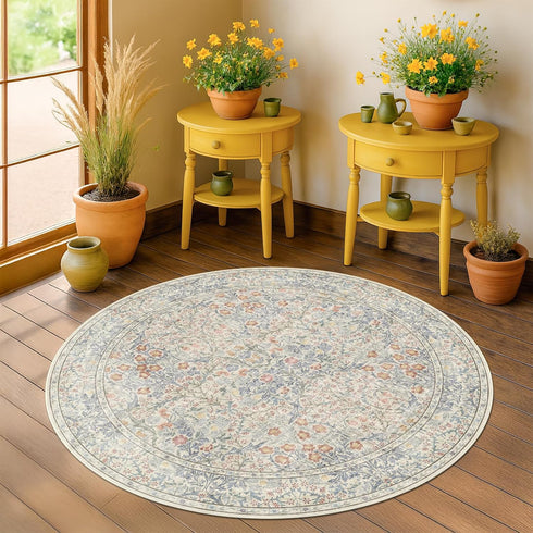 4ft Beige Blue Round Rug for Entryway - Small Circle Rug for Nursery, Living Room, Bedroom, Home Office, Boho Washable